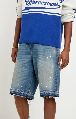 Pacsun Austin Extreme Baggy Jean Shorts Paint Splatter Medium Blue