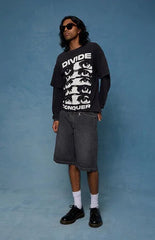 Pacsun Austin Extreme Baggy Jean Shorts Pinstripe Washed Black