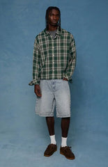 Pacsun Parker Baggy Jean Shorts Jacquard Checkered Light Blue