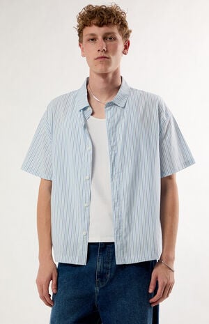 Pacsun Blue Striped Boxy Short Sleeve Button Down Shirt