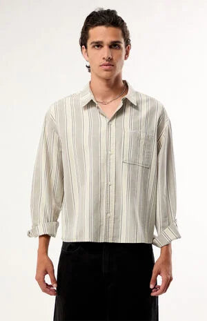 Pacsun Cream Striped Noto Long Sleeve Cropped Shirt