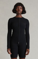 Fear of God ESSENTIALS Women's Vintage Black Signature Ribbed Knit Long Sleeve Zip Up Top