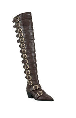 AZALEA WANG Braulia Brown Crocodile Faux Leather Over The Knee Boots
