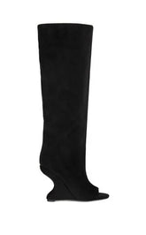 AZALEA WANG Women's Vincent Black Faux Suede Peep Toe Wedge Heels