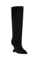 AZALEA WANG Women's Vincent Black Faux Suede Peep Toe Wedge Heels