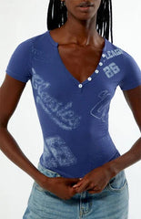 Your Favorite Varsity Print Short Sleeve Henley Top
