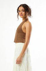 Your Favorite Paisley Faux Suede Hook-And-Eye Halter Top