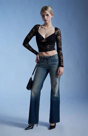 Third Charm Andrea Lace Bead Center Long Sleeve Top
