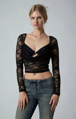 Third Charm Andrea Lace Bead Center Long Sleeve Top