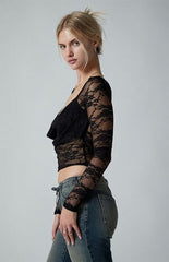 Third Charm Andrea Lace Bead Center Long Sleeve Top
