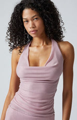 Third Charm Celeste Shine Cowl Neck Halter Top