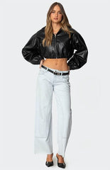 Edikted Hooded Faux Leather Cropped Jacket