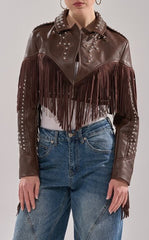 AZALEA WANG Reece Brown Western Fringe Faux Leather Jacket
