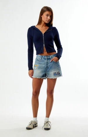 HYPE & VICE UCLA Bruins High Waisted Relaxed Patched Denim Shorts