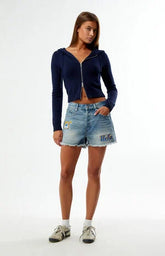 HYPE & VICE UCLA Bruins High Waisted Relaxed Patched Denim Shorts