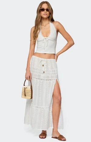 Edikted Embroidered Cotton Lace Slit Maxi Skirt
