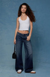 Pacsun Casey Low Rise Baggy Jeans Contrast Stitch Dark Blue