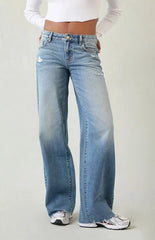 Pacsun Casey Low Rise Baggy Jeans Ripped Raw Cut Medium Blue