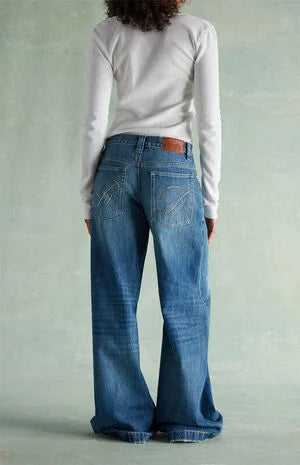 RARE DNM EDIT Medium Blue Rhinestone R & D Ultra Low Rise Baggy Jeans