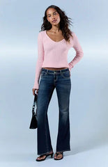 Pacsun Alana Ultimate Low Rise Flare Jeans Stretch Contrast Stitch Dark Blue