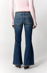 Pacsun Alana Ultimate Low Rise Flare Jeans Stretch Contrast Stitch Dark Blue
