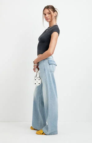 Pacsun Casey Low Rise Baggy Jeans Snap-Button Back Pocket Light Blue