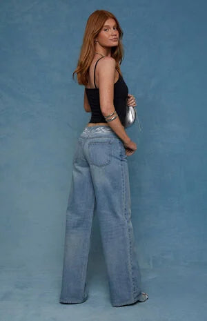 Pacsun Casey Low Rise Baggy Jeans Star Embroidered Light Blue