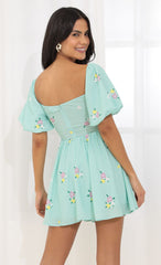Puff Sleeve Tummy Cutout Dress in Green