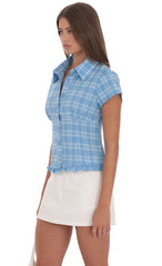 Plaid Button-Up Ruffle Top in Blue