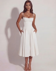 White Midi Dress With Sweetheart Neckline And Hidden Pockets