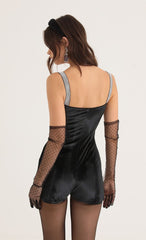 Velvet Shimmer Hook and Eye Romper in Black