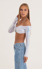 Iridescent Sequin Off The Shoulder Top in Purple