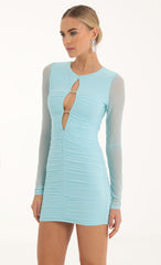 Mesh Long Sleeve Bodycon Dress in Aqua