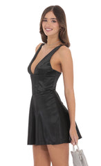 Satin V-Neck Corset Dress in Black