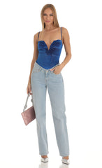 V-Neck Velvet Bodysuit in Blue