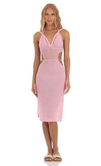 Ixora Crochet Cutout Midi Dress in Pink