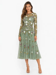 Tea Length Long Sleeve Formal Dress