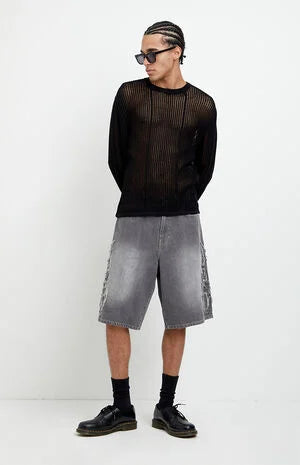 Pacsun Austin Extreme Baggy Jean Shorts Cyber Applique Faded Gray