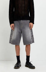 Pacsun Austin Extreme Baggy Jean Shorts Cyber Applique Faded Gray