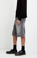 Pacsun Austin Extreme Baggy Jean Shorts Cyber Applique Faded Gray