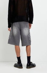Pacsun Austin Extreme Baggy Jean Shorts Cyber Applique Faded Gray