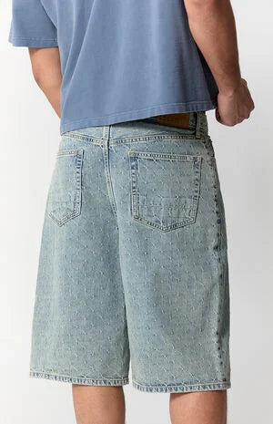 Pacsun Austin Extreme Baggy Jean Shorts Textured Slub Light Blue