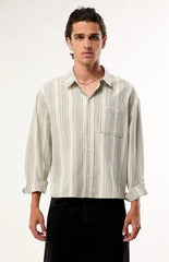 Pacsun Cream Striped Noto Long Sleeve Cropped Shirt