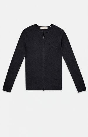 Fear of God ESSENTIALS Women's Vintage Black Signature Ribbed Knit Long Sleeve Zip Up Top
