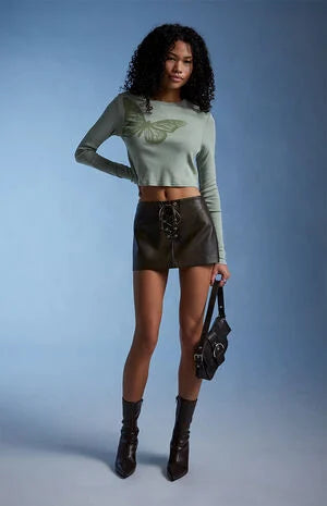 Third Charm Butterfly Long Sleeve Cropped T-Shirt