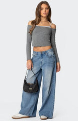 Edikted Off Shoulder Layered Long Sleeve T-Shirt