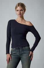 Third Charm Violet Studded Neck Long Sleeve Top
