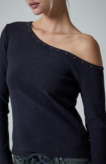 Third Charm Violet Studded Neck Long Sleeve Top