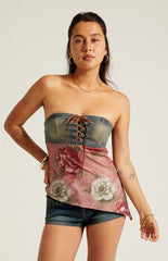 Beverly and Beck Lace-Up Denim Chiffon Tube Top