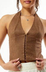Your Favorite Paisley Faux Suede Hook-And-Eye Halter Top